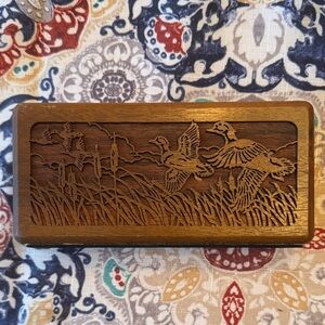 Hand-Carved Wooden Container with Flying Ducks Motif - Brown